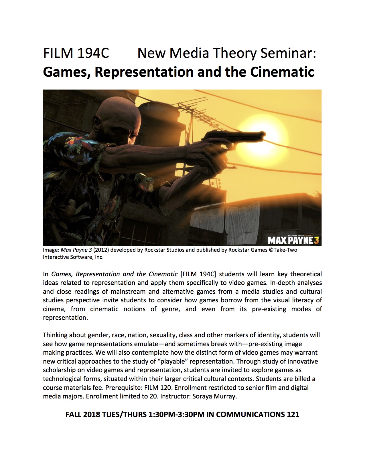 course flyer for FILM 194C New Media Seminar Games Representation and the Cinematic